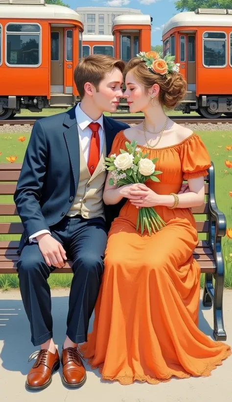 A young couple, light-skinned, mid-twenties, is depicted seated on a park bench at a train station. The bright skin handsome man, wearing a dark blue suit jacket and light-colored dress shirt with a red tie, sits next to a woman in a vibrant orange, floor ...