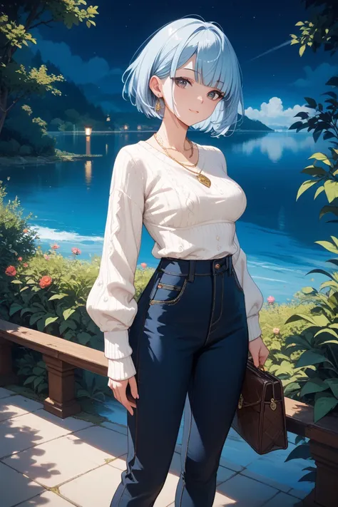 Cosply :  light blue hair,Beautiful women in their s, straight short bob without bangs , small tits,Slim your waist, dark eyes, white sweater,dark blue pants style trousers, gold necklace,White short socks, brown shoes)Night lake background, standing facin...