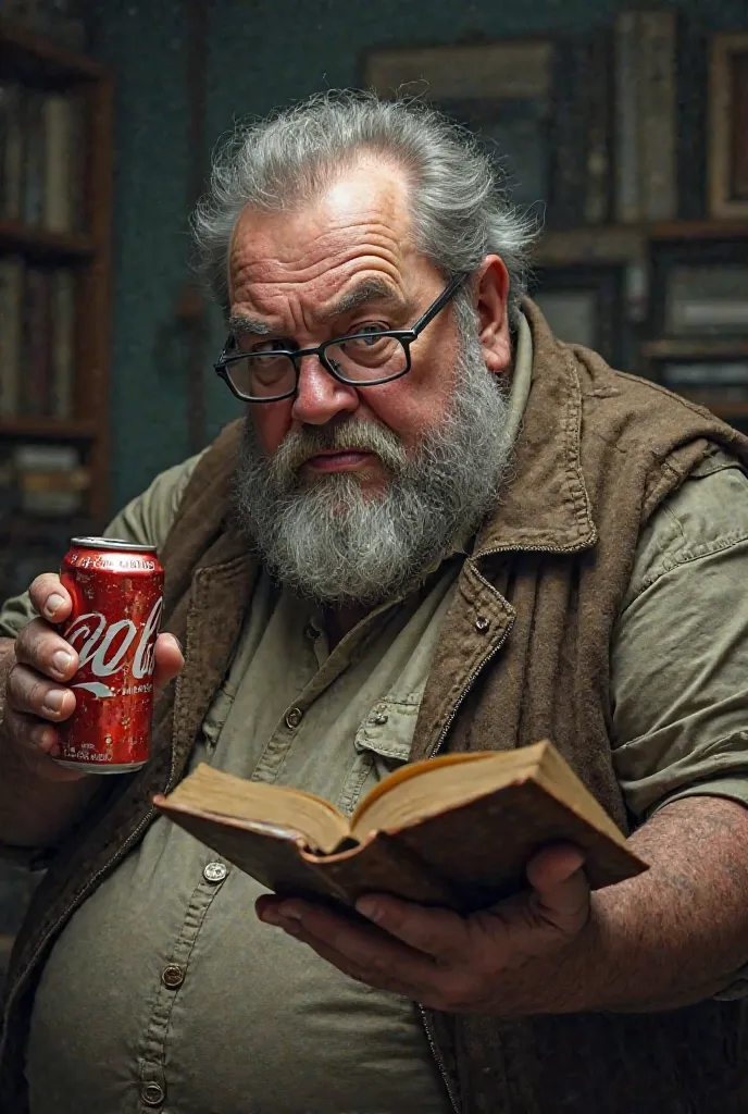 A fat old angry man with glasses holds a cola in one hand in the other book