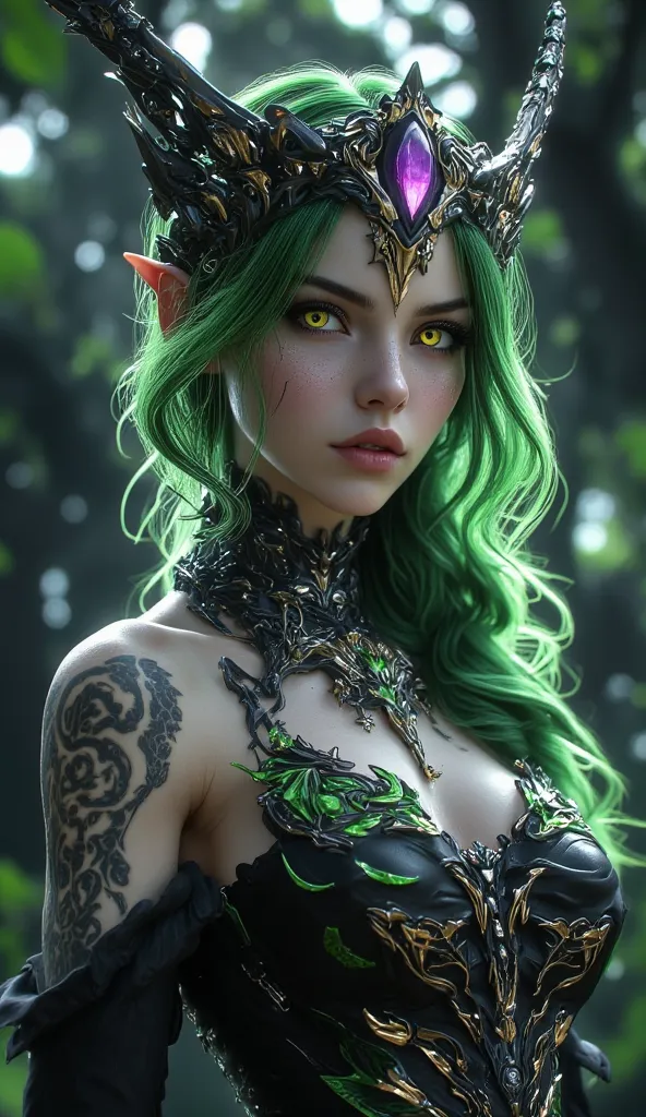 Picture of a 25-year-old woman.  Athletic but slim body ,  light leather balcony. Amber-yellow eyes with a vertical pupil like a reptile's pupil, Slightly black and green shaded eyelids.  Lightly pronounced copper lips . Long and wavy emerald green hair pu...