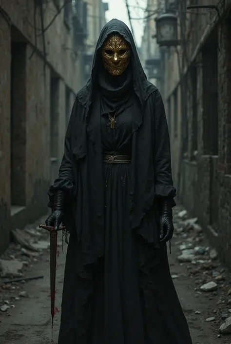  Woman with hood,  golden mask . in a dark alley with a bloody dagger Illustration.