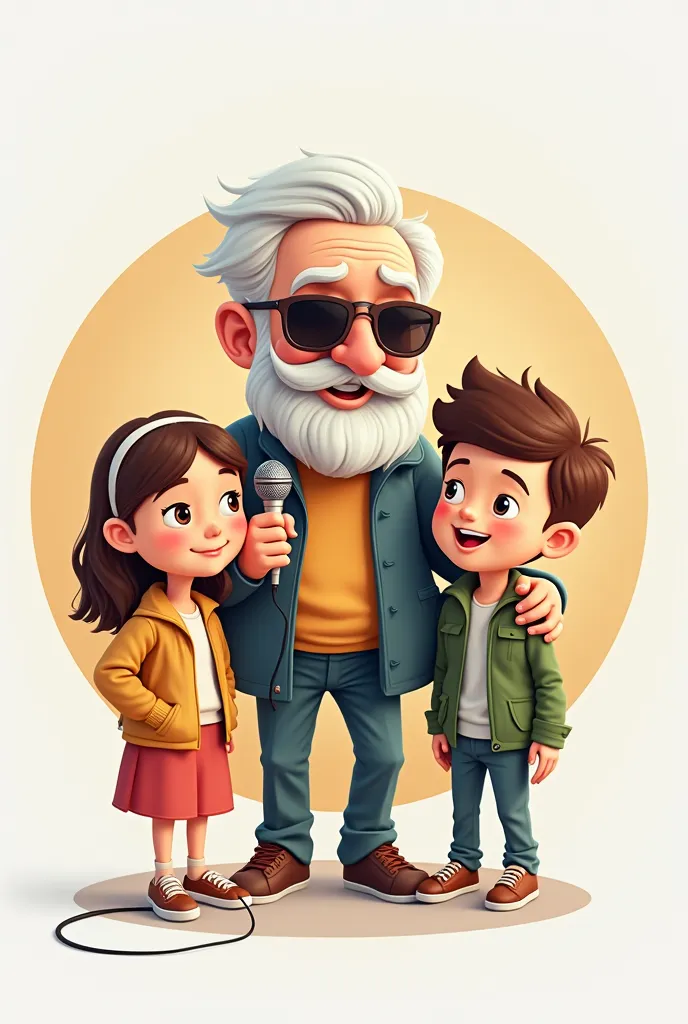 create me an animated logo of an old man with sunglasses, a radio microphone in hand and two young people (a girl and a boy) (all in circle)

