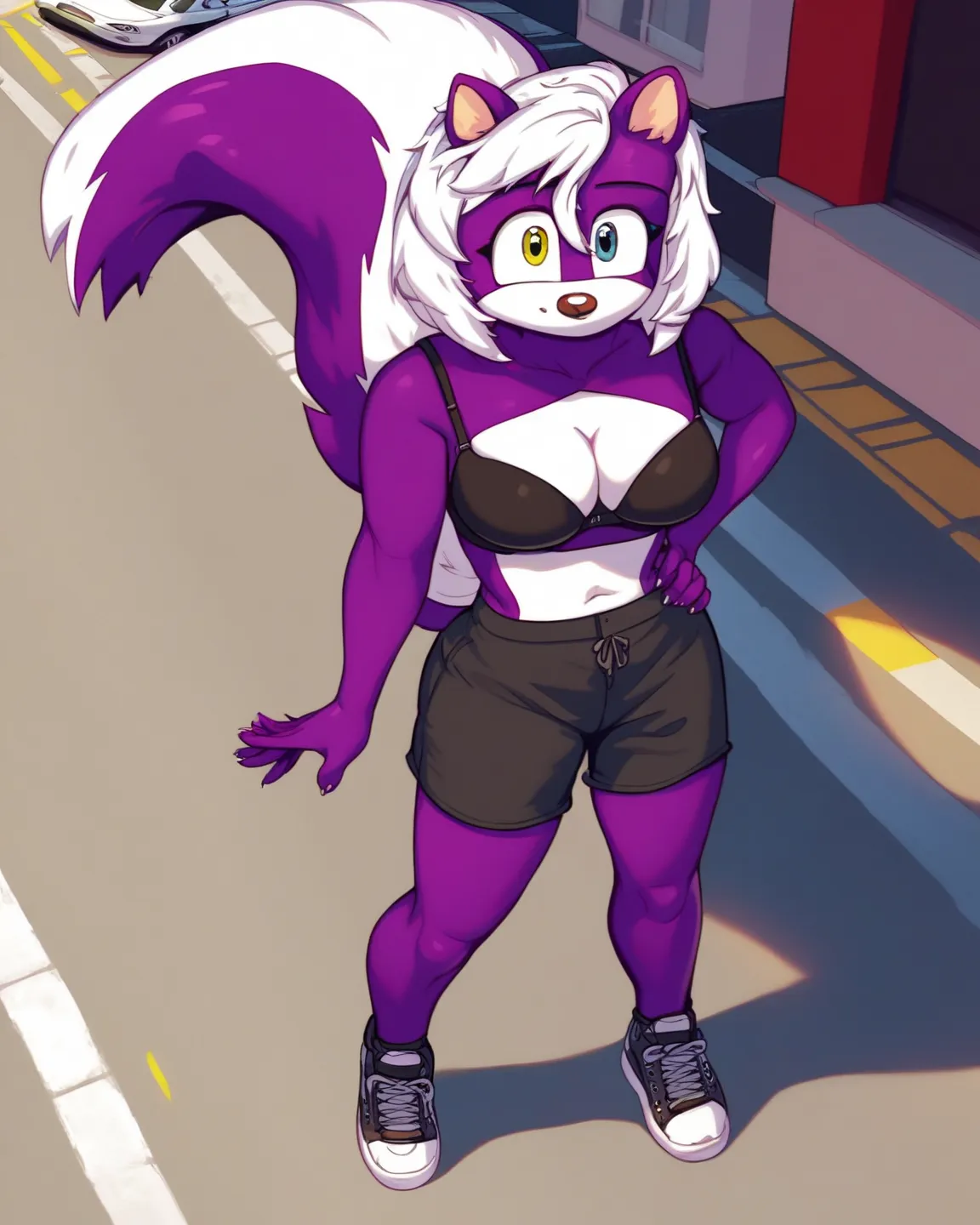 score_9, score_8_up, source_cartoon, solo, 1girl, melissa, furry female, purple fur, skunk girl, heterochromia, white hair, skunk tail, black shirt bra, medium breasts, cleavage, black shorts, blackoutdoors, street, full body,