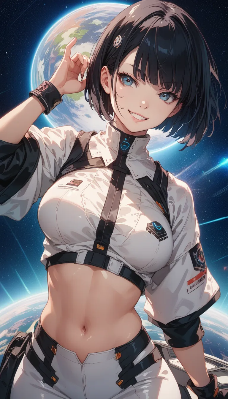 front view pose, A futuristic anime girl with short bob cut hairs, smooth hairs, shiny hairs, straight black hair, dressed in a sleek white button-up shirt with high-tech buttons that glow softly, space theme, her gaze directed toward the viewer with a sli...