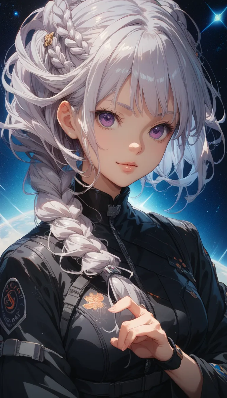 front view pose, close up, An anime girl portrait with long Single long braid and white color hair, and intense violet eyes, dressed in a dark silver and black suit with sharp , working in a futuristic space background front view pose, space theme, space a...