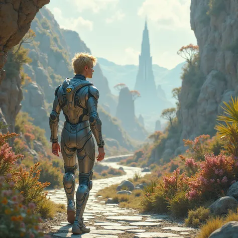 create an image of a blond man with a bit of hair, dressed in a futuristic suit on his back and walking along a stone path, while looking into the distance at a landscape of a fantasy planet..