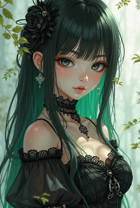 An anime-style image of a pretty girl,  of light brown skin, black hair with green highlights,  black eyes, wearing a gothic dress 