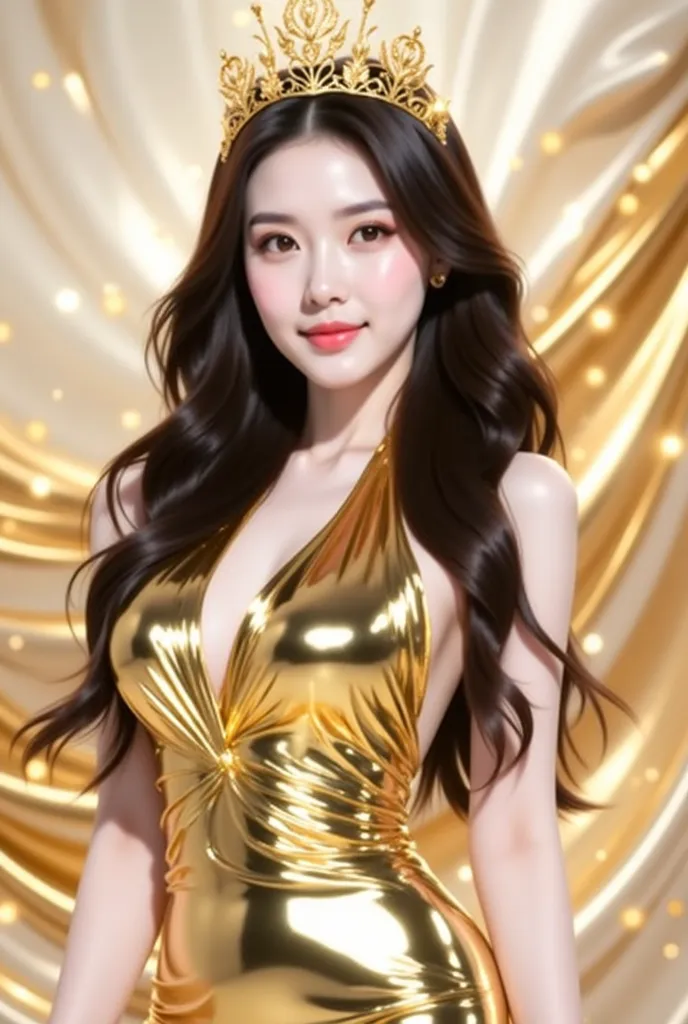 a woman in a stunning gold metallic gown that glimmers elegantly. The dress has a halter neckline and a fitted silhouette, accentuating her figure. She is wearing a golden crown-like headpiece with intricate details, complementing her overall regal appeara...