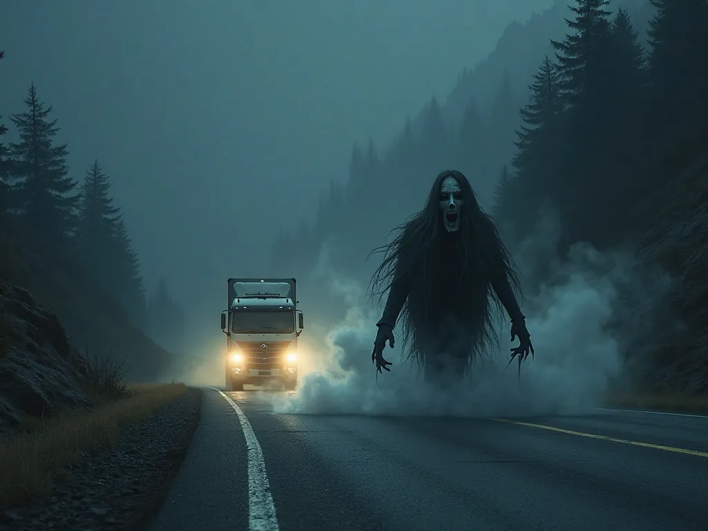 A ghostly woman crawling towards the driver, her face horrifyingly deformed, as the truck speeds ahead.