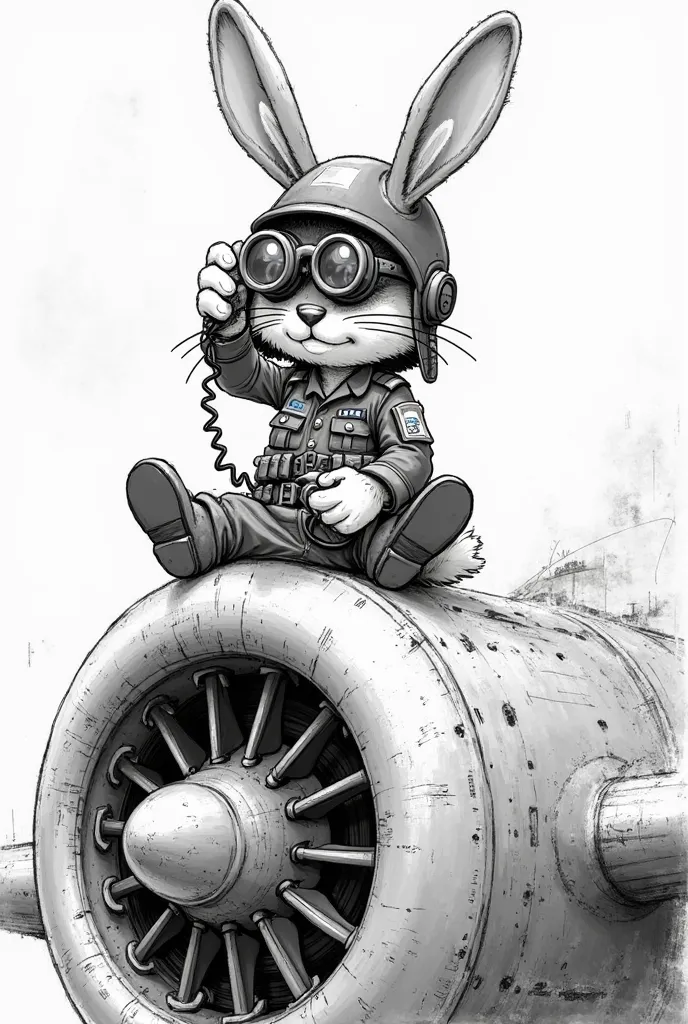 Simple black and white Cartoon Oswald the rabbit in wwii clothes looking through binoculars holding Telephone on patch sitting on turbofan engine