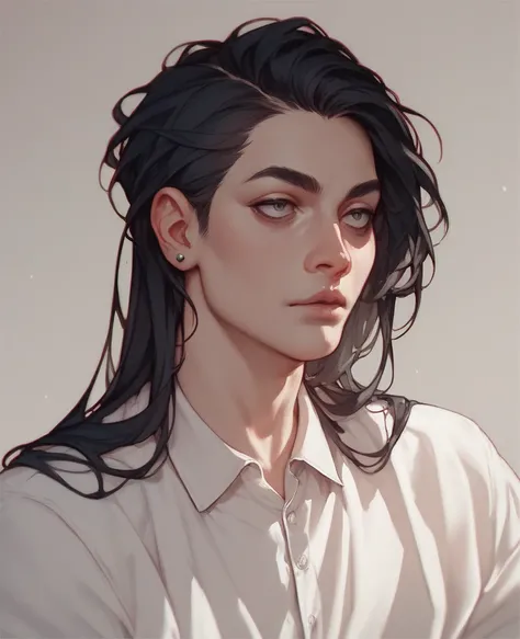 Pale-haired man, dark brown droopy eyes, Semi-long black hair, drawing