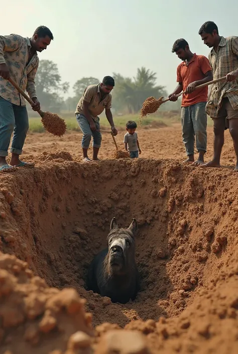 **4. گاؤں والے کنویں میں مٹی ڈالنا شروع کرتے ہیں**  
**پرامپٹ:**  
*"Several villagers and the farmer are shoveling dirt into the deep well, attempting to bury the old donkey. The donkey inside the well looks frightened at first as dirt falls on it. The at...