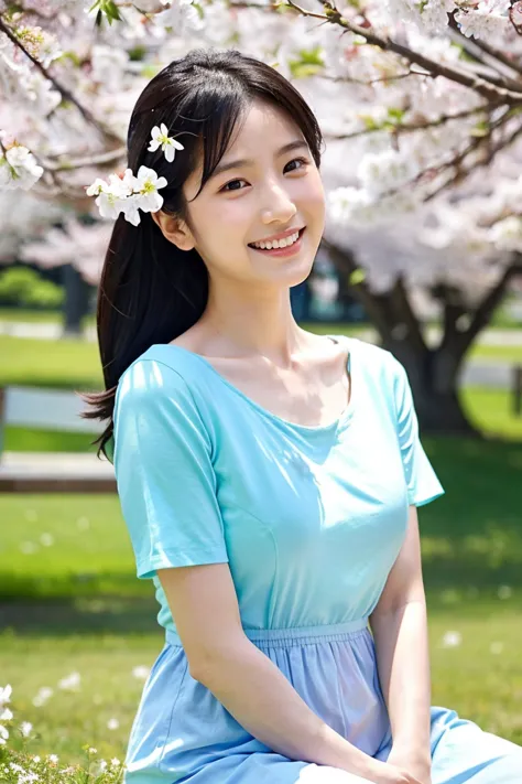 「A 35 year old cute Japanese woman。has dark hair up to her shoulders blowing in the wind、has a bright smile。She has small breasts、She is casually wearing a white t-shirt and light blue denim。At the spring park、She sits under cherry blossoms in full bloom、i...