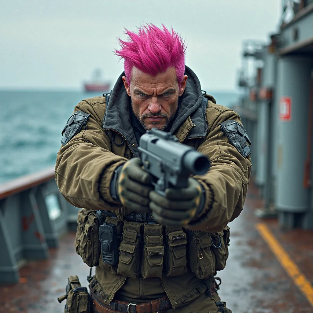 Realize pink haired male with gun and mercenary jacket with fierce face 
Background at the naval ship