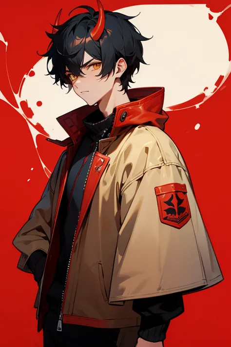 1male, finely detailed, yellow eyes, (messy short hair), black hair , red horns, winter clothing, leather jacket, serious expression, (perfect generation), amazing quality, detailed background, perfect quality, looking at viewer, red background
