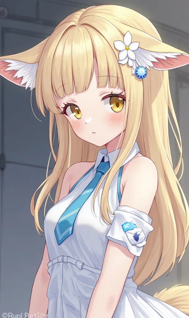   1girl  , (archive blue :1.1), 
Until, 
 animal ears , Alone,   blonde  , hello, long hair, is viewing the viewer,   fox ears  , animal ear fluff,  gown ,  tie , white  gown ,  Genie , mouth closed, hair ornament, yellow hello, upper body, hair  flower , ...