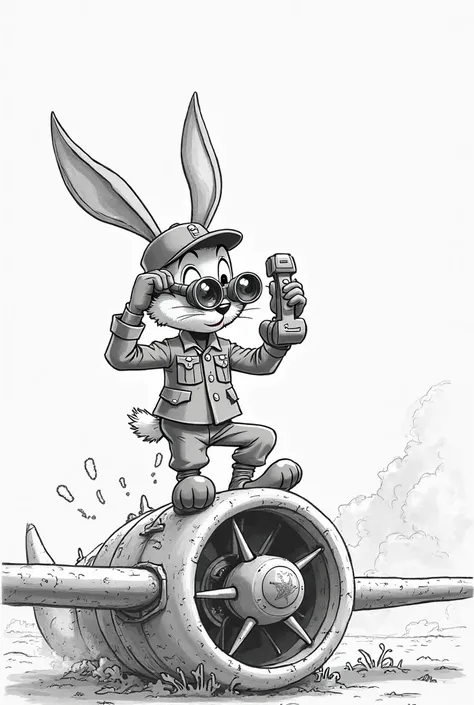 Simple black and white Cartoon Oswald the rabbit in wwii clothes looking through binoculars and holding a Telephone on patch sitting on turbofan engine