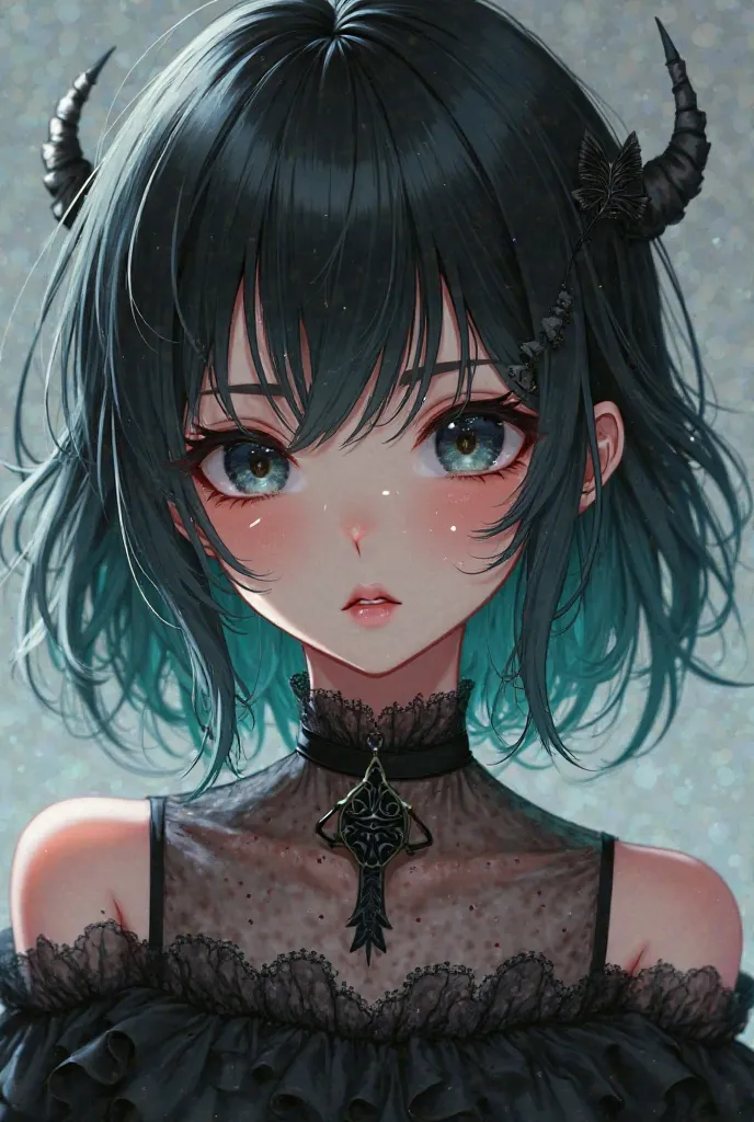 A pretty anime-style girl with brown skin, black hair with bluish green rays,  black eyes, a little chubby-cheeked, with black gothic dress, Who has brown skin 