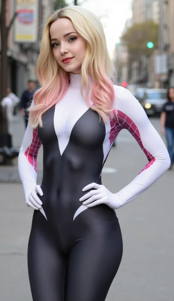 Dove Cameron dressed as Spider-Gwen, No wearing mask, Blonde and pink hair, Long hair, Wavy hair, Young, Thin body, Perfect body, Tight Spider-Gwen suit, Smiling,Red lips, beautiful, Small waist,big hips, hands on hips pose, Abs,Navel stickout,In city, loo...