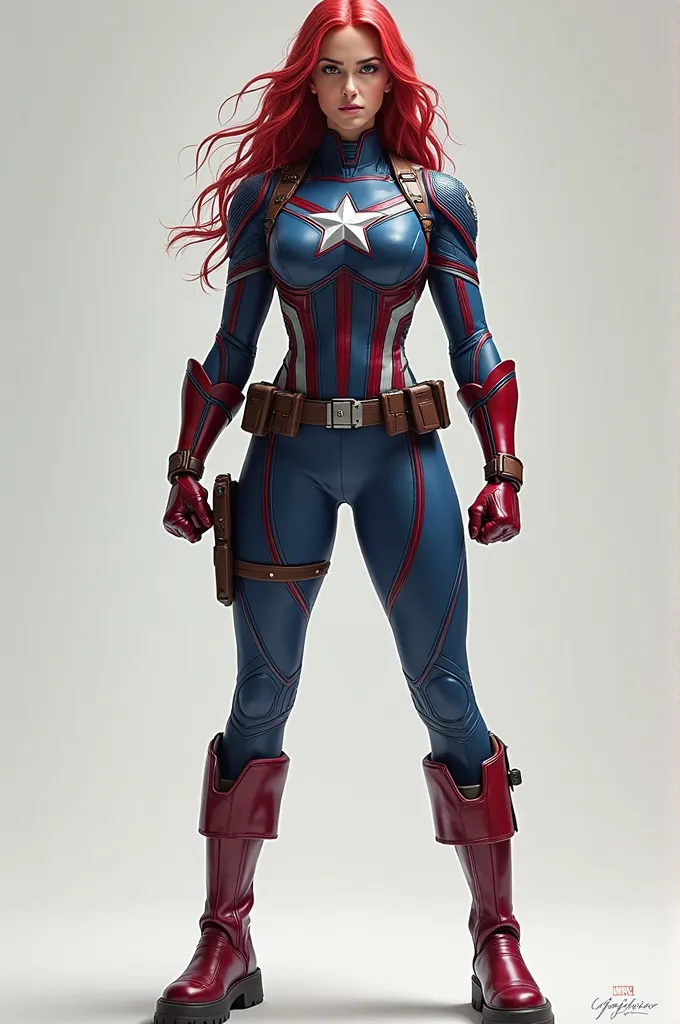 A woman dressed in a detailed and sleek Captain America costume, inspired by Marvel, stands in a powerful pose. Her full-body concept art is brought to life in three-dimensional lighting, with a beautiful and realistic design by Artgerm. The image captures...