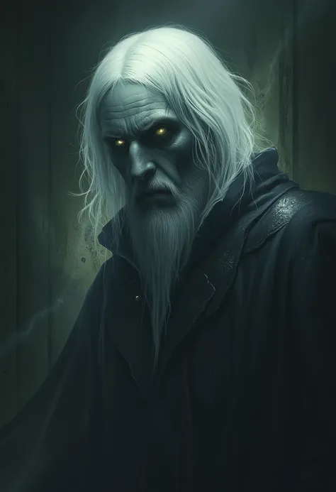 Ghost of man, middle age, with long face, A short beard, white hair, detailed face,