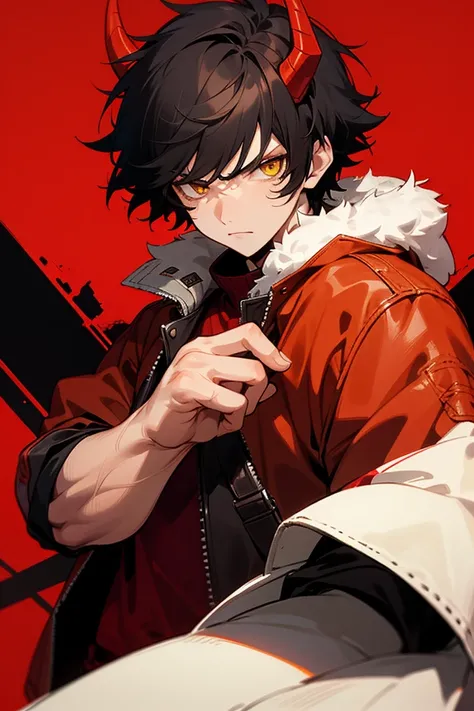 1male, finely detailed, yellow eyes, (messy short hair), black hair , red horns, winter clothing, leather jacket, serious expression, (perfect generation), amazing quality, detailed background, perfect quality, looking at viewer, red background
