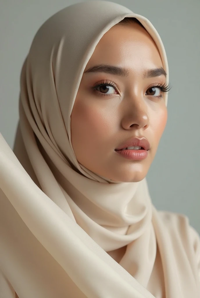 The image showcases a Malay woman wearing a silk loose flowing hijab, her face softly illuminated and styled with a natural brown makeup composition. A light-colored fabric, likely part of the cap and the hijab itself, is draped gracefully in the foregroun...