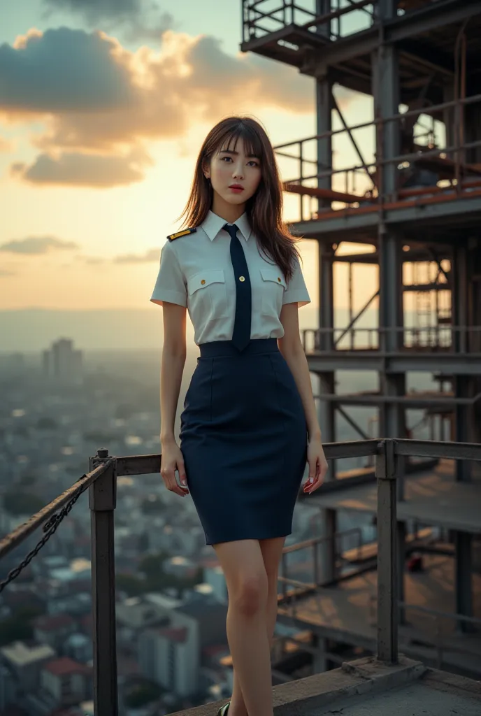 ((Sexy beautiful Japanese woman, a self defense officer uniform, wearing a white short-sleeved shirts, navy blue tie, navy blue pencil skirt, Black patent high heels, epaulette):1.5), beautiful hip-line, Beautiful thighs, long legs, brown hair, long hairl,...