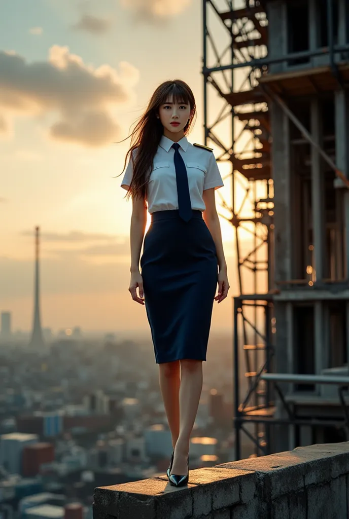 ((Sexy beautiful Japanese woman, a self defense officer uniform, wearing a white short-sleeved shirts, navy blue tie, navy blue pencil skirt, Black patent high heels, epaulette):1.5), beautiful hip-line, Beautiful thighs, long legs, brown hair, long hairl,...