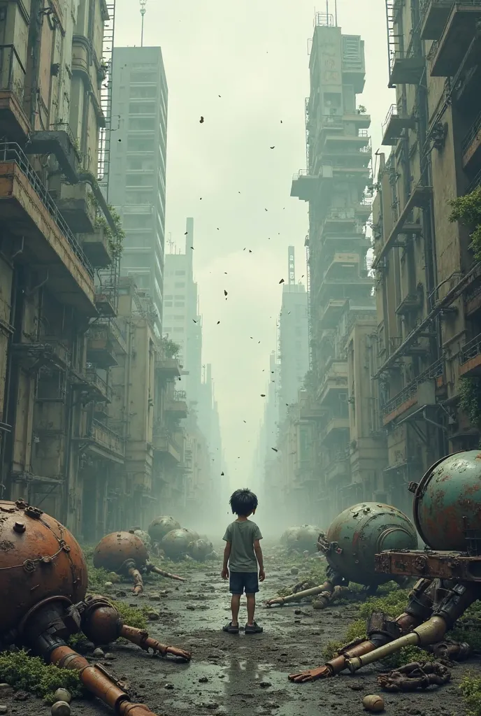 A futuristic abandoned city with dead robots and a alone boy