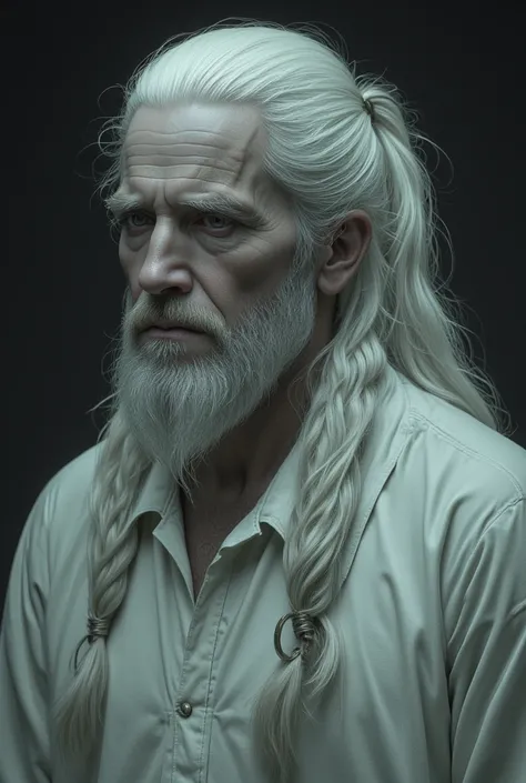 Middle-aged Caucasian man, ash white hair, Long hair in a ponytail with two mirrored locks on his face on the sides of his face, balbo beard, , light wrinkles, translucent ghostly skin, light peasant robe, half-turned portrait