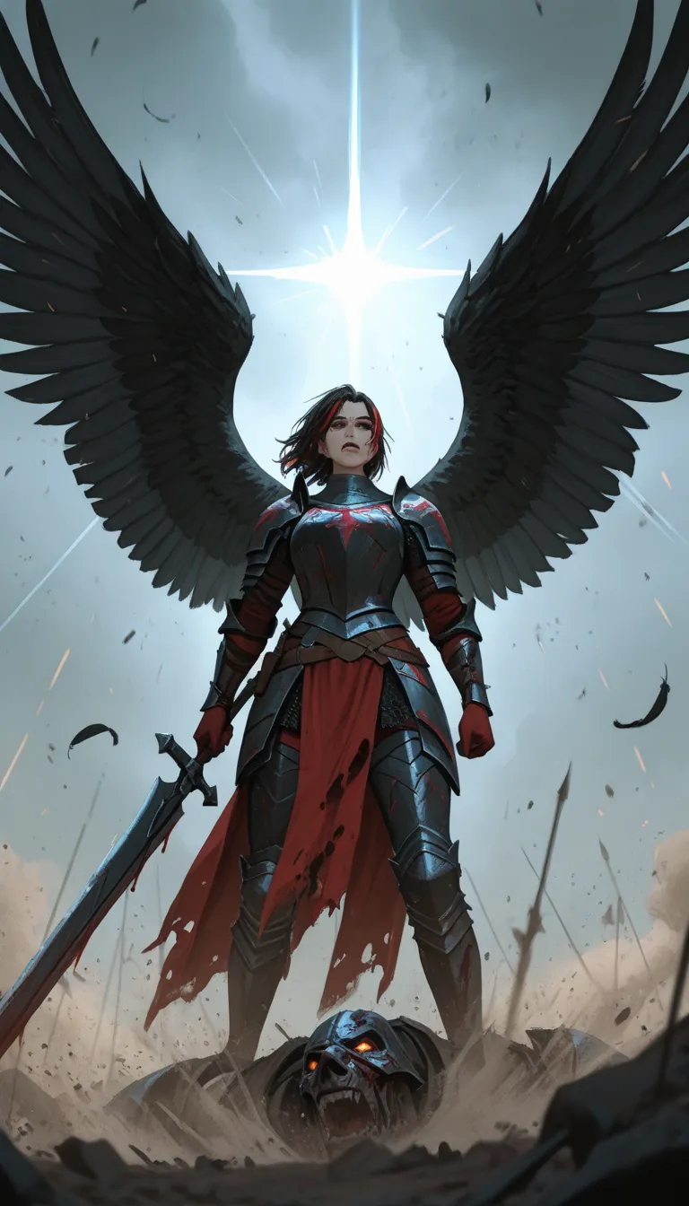 “A battle-worn warrior kneels amidst the chaos of the battlefield, her fierce expression a mixture of exhaustion and determination. Her raven-black wings stretch behind her, feathers dusted with the remnants of war. Adorned in intricate, blood-streaked arm...