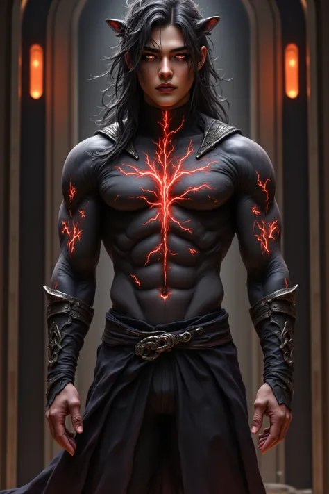 A hyper-realistic, highly detailed 4K full-body digital painting of a Japanese-inspired celestial vampire assassin standing in a dimly lit gothic sanctuary. His sharp, angular jawline, high cheekbones, and piercing fiery orange-red eyes radiate a chilling,...