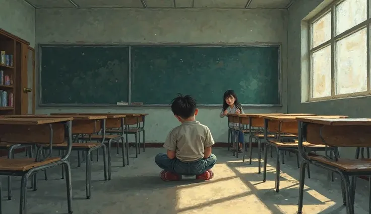 The boy sits alone in the classroom,Girl Peeping