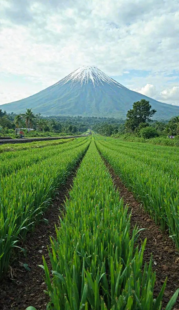 Vegetable farm land in indonesia, avenue lush green onion vegetable crop,,the nearby volcano, asphalt road ,4K,indonesia