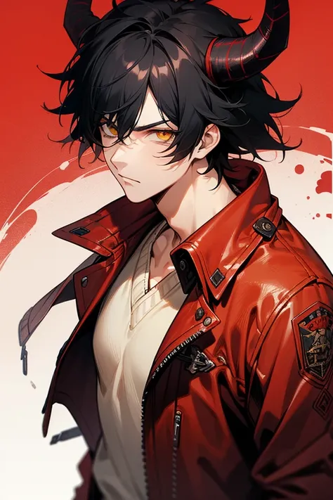 1male, finely detailed, yellow eyes, (messy mediumhair), black hair , red horns, winter clothing, leather jacket, serious expression, (perfect generation), amazing quality, detailed background, perfect quality, looking at viewer, red background
