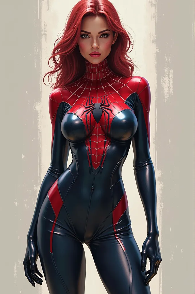 A female version of Spider-Man from Marvel is depicted with strikingly large breasts, captured in a frontal full-length pose as she gazes directly at the viewer. The character stands confidently in a dynamic stance, set against a simple yet impactful backg...