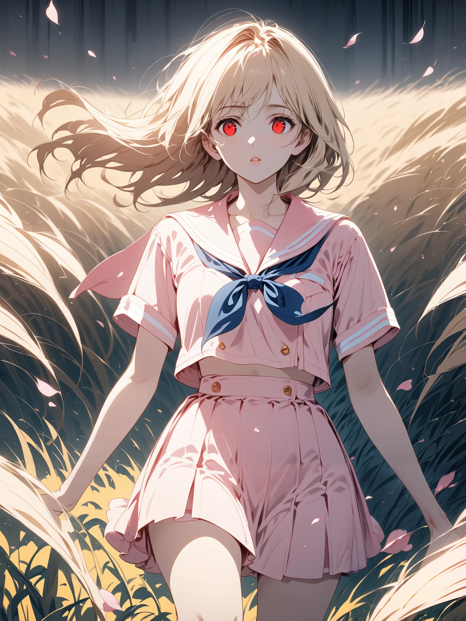 pink sailor summer suit, blonde medium hair, Red Eyed Girl, Alone, The background is petals fluttering,  alert ,  knee shot, corruption,  Shade, miniskirt, 