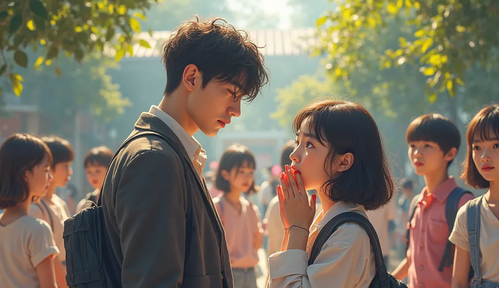 A GLASSED GIRL IS HOLDING A TALL, HANDSOME BOY STANDING IN THE SCHOOL YARD, SURROUNDED BY FRIENDS, HER EYES ARE WIDELY OPEN AND HER HANDS COVERING HER MOUTH IN SURPRISE. SCREENING IN KOREA