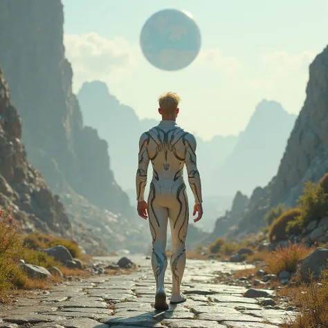 Create an image of a man with blond hair, dressed in a futuristic costume, he goes backwards and walks down a stone road, while looking into the distance at a landscape of a fantasy planet..