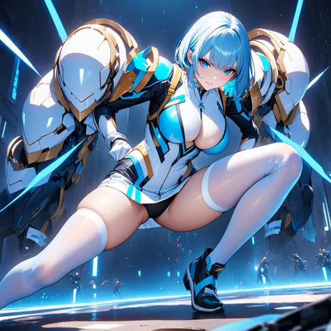 beautiful girl 、Age 30、Highest quality、 super precise、 Height、long legs、8 heads、Detailed view、Blue light、night、black blackout、 Standing posture 、full body、fighting pose、True Face、sharpness、 white and blue futuristic suit、 bikini、 swimsuit、miniskirt、 white ...