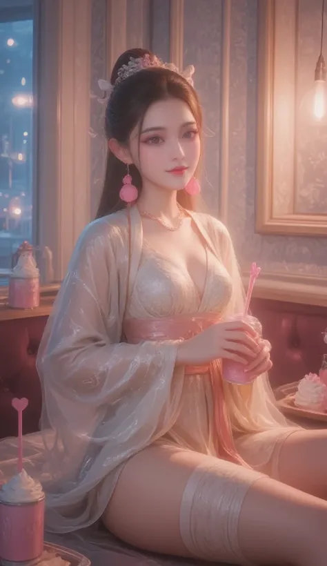 Hanfu， 8,000,  masterpiece,  of the highest quality,Holding a drink, Soda Cans, Heart Straws, tray, Perfect,  whipped cream , Soft tones, Candy Themed Accessories, Thigh Bandage,  happy expression, indoor, Plaid Wallpaper, soft lighting at night, kawaii ae...