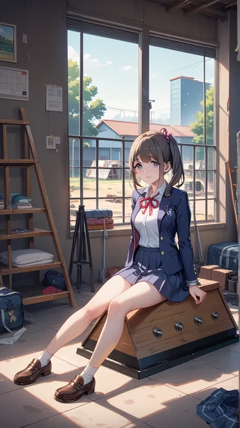 (nfsw:1.4), (1 girl:1.2), (sitting on floor:1.2), restrained, shackles, restraints, legs together, school uniform:(collared shirt, blazer, pleated skirt, uniform, ribbon), (background is detention camp:1.2), (background details:1.3), wooden horse, window, ...