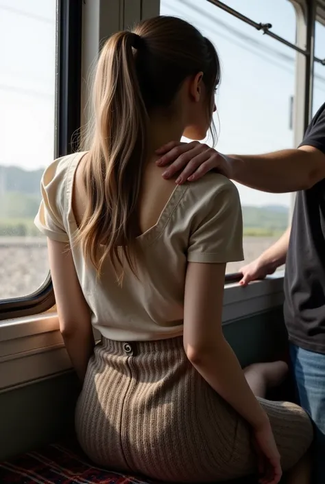 young woman, Turn your back, knit skirt, blouse, on the train, one man touch her buttocks