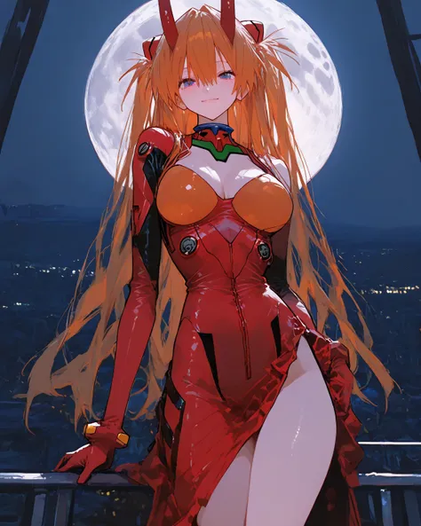    masterpiece, high quality、 vibrant, very aesthetic,    latest,  
medium breasts,  Neon Genesis Evangelion、     female 1 person、 、Su Long Aska Langley 、 Orange Hair、    blue eyes、   red big horn、red big feather、 red plug suit、 exposes shoulders、arm cover...