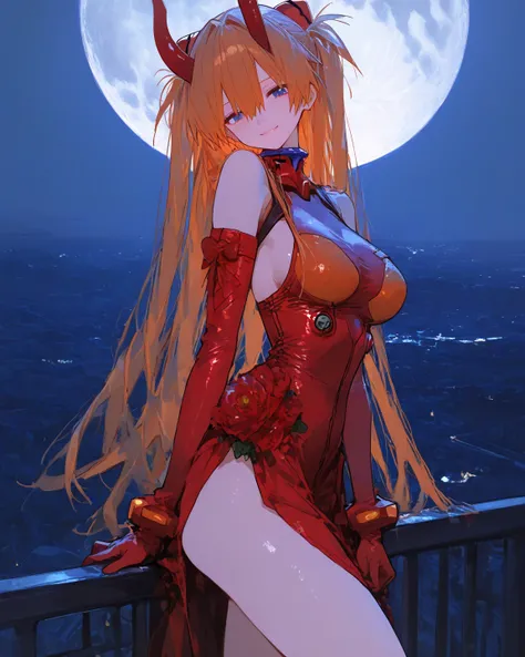    masterpiece, high quality、 vibrant, very aesthetic,    latest,  
medium breasts,  Neon Genesis Evangelion、     female 1 person、 、Su Long Aska Langley 、 Orange Hair、    blue eyes、   red big horn、red big feather、 red plug suit、 exposes shoulders、arm cover...