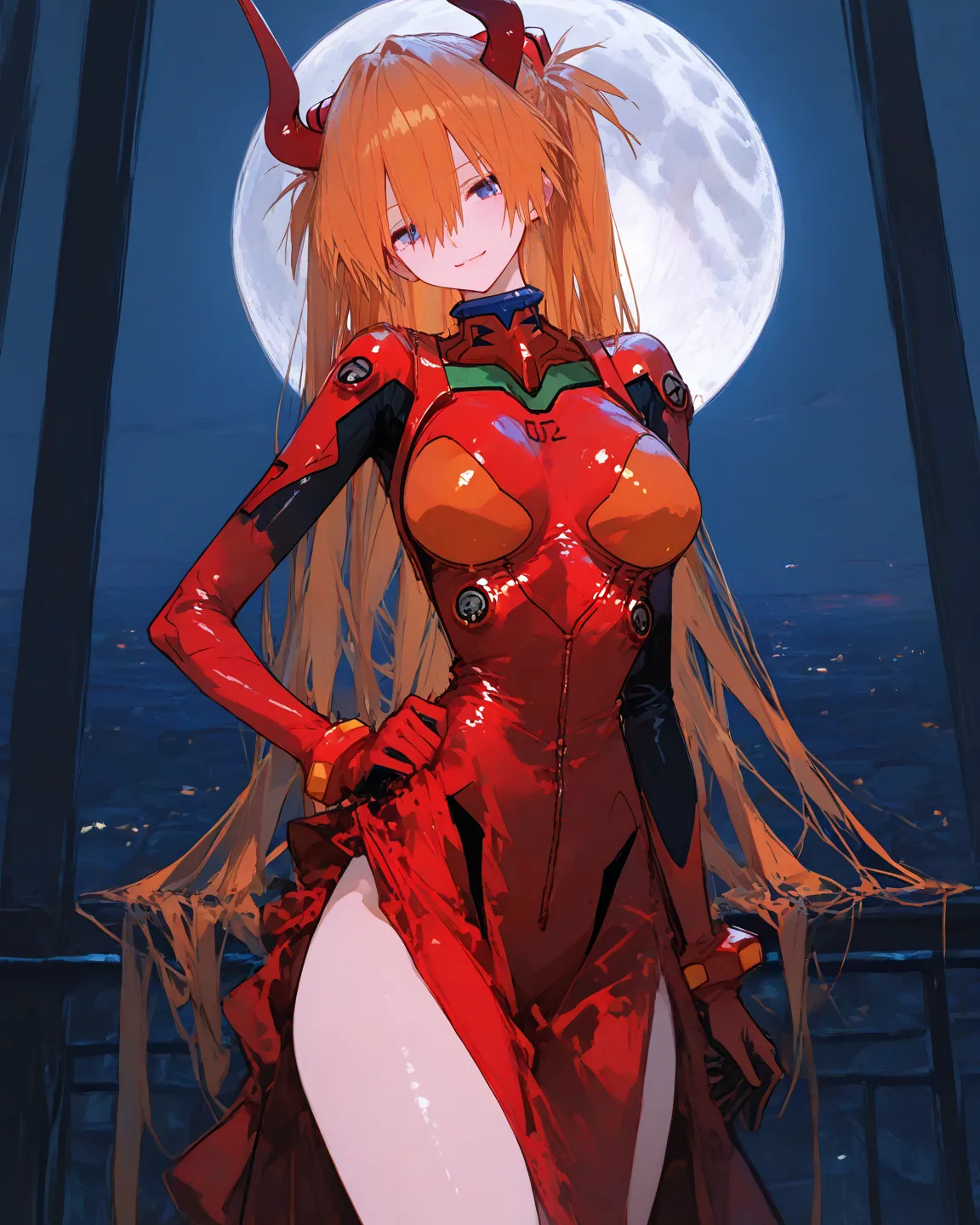    masterpiece, high quality、 vibrant, very aesthetic,    latest,  
medium breasts,  Neon Genesis Evangelion、     female 1 person、 、Su Long Aska Langley 、 Orange Hair、    blue eyes、   red big horn、red big feather、 red plug suit、 exposes shoulders、arm cover...