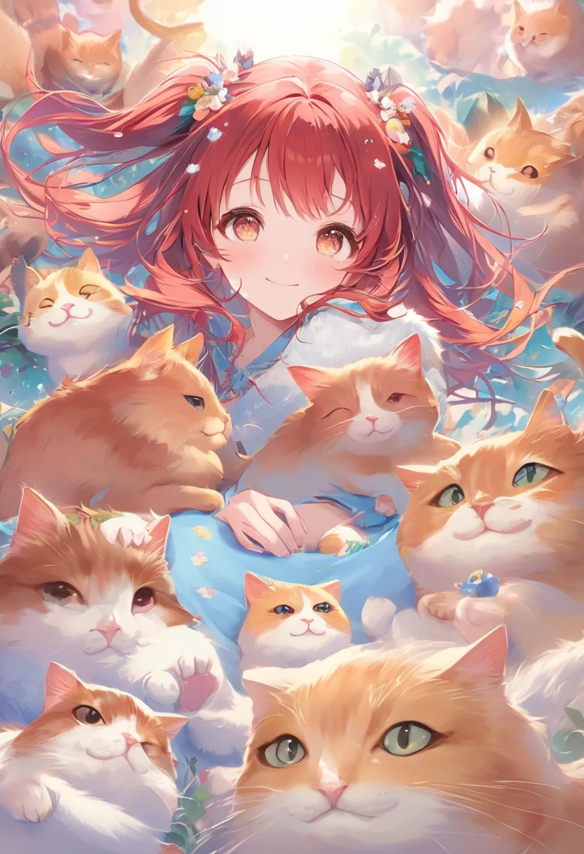 background: soft pastel-colored landscapes and、soft clothing textures、creates a warm atmosphere。
Girl&#39;s facial expression: have a gentle and compassionate smile、expressions that gently watch over animals。
Animal arrangement: cats and small animals gath...