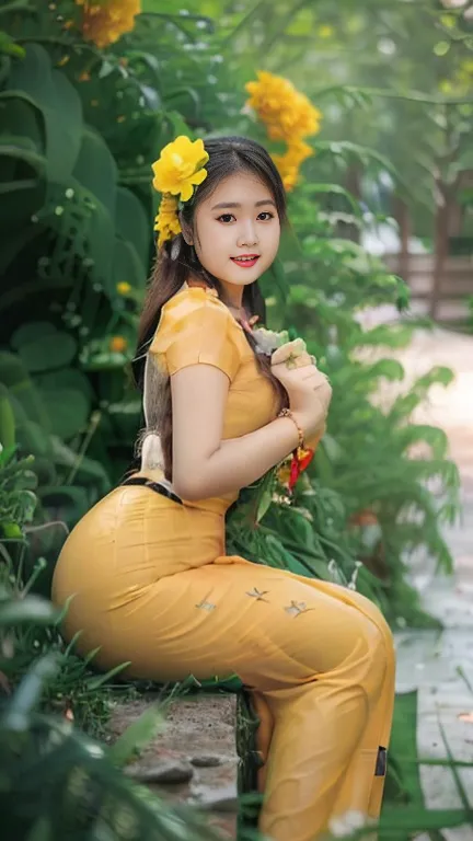 Burmese girl with attractive curvy full body.  Friends full-length bikini, (Red ♥️ dress) reflective long dress painted with flower  A blonde Asian woman sits on a white staircase against a blue wall background decorated with blue 💙 roses and green vines. ...