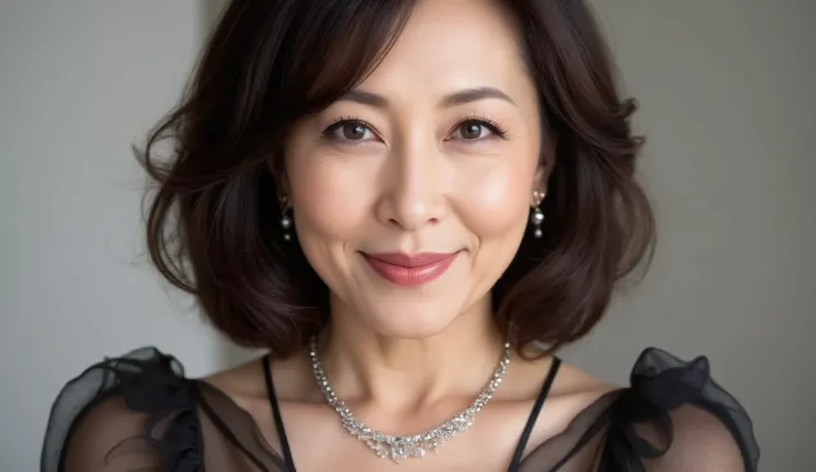 (mature woman, 48 years old, Japanese, masterpiece, top quality made of straw, high definition, realistic:1.37, sharp concentration:1.4, Unmatched Beauty Live Venue , Ultimate beauty), close-up, fine laugh lines:1.2, Fancy Dark Makeup , Deep P...